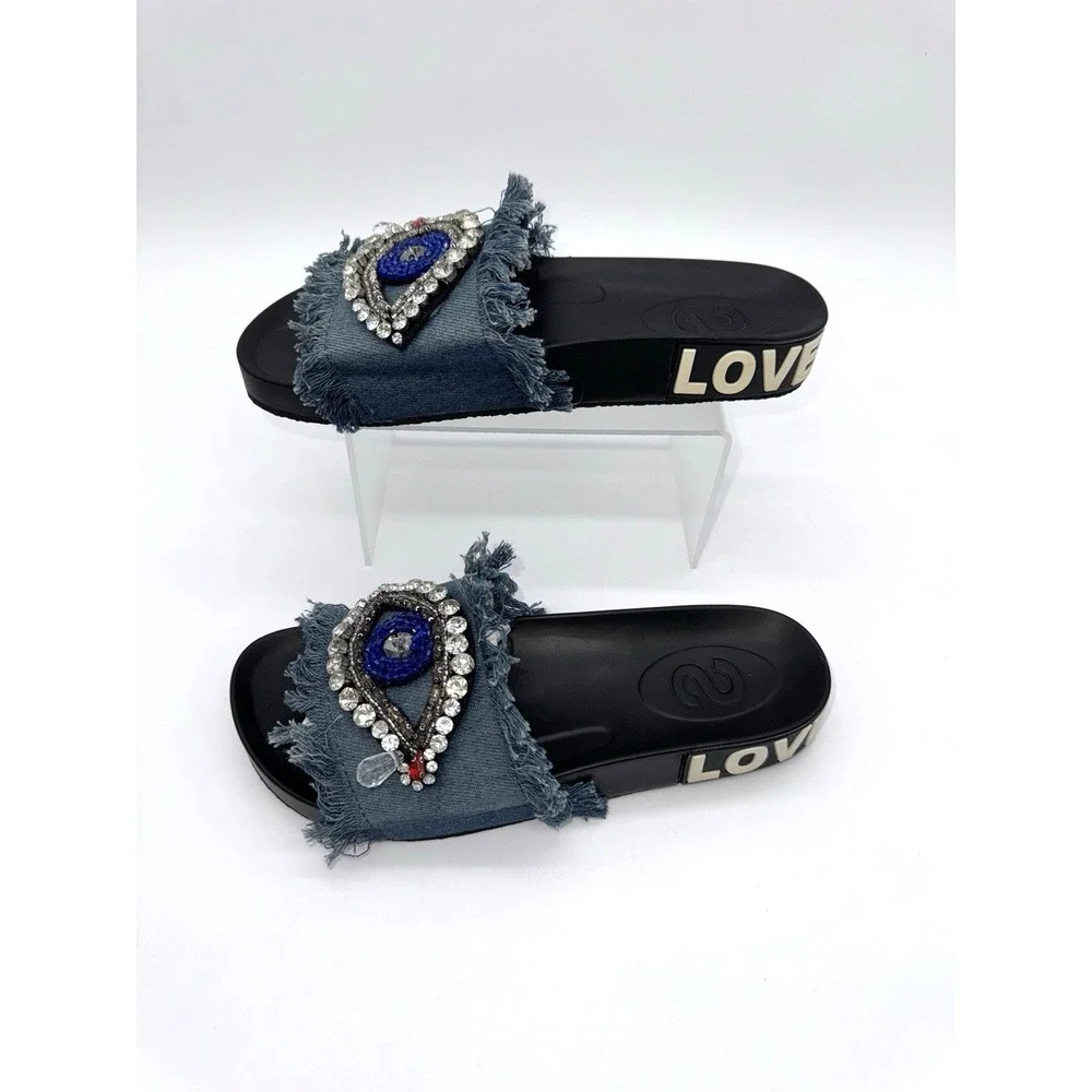 Evil Eye Crystals Rhinestones Beads Blue‎ Denim Fringe Sandals Slides Sz 9